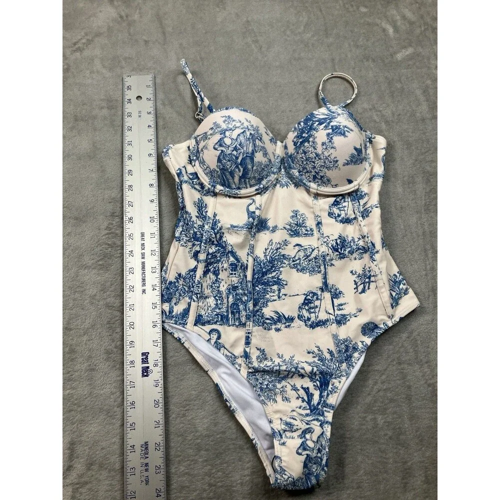 Toile de Jouy Corset One Piece Underwire Swimsuit Cider Womens M Blue Ivory